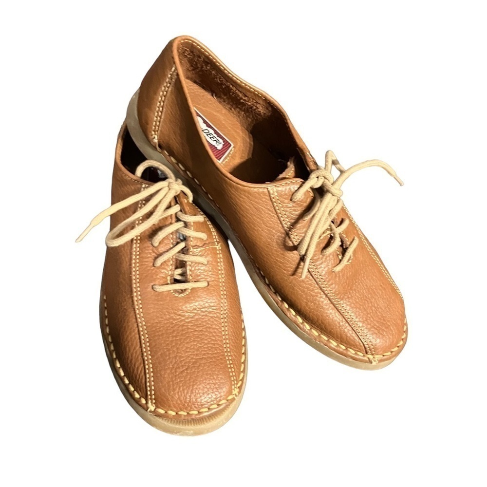 Oh DEER! Tan Leather Lace up Flats Overstitching Size 6 1/2